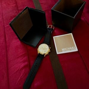 Michael Kors Women's Black Leather Strap Gold-Tone Dial Watch
